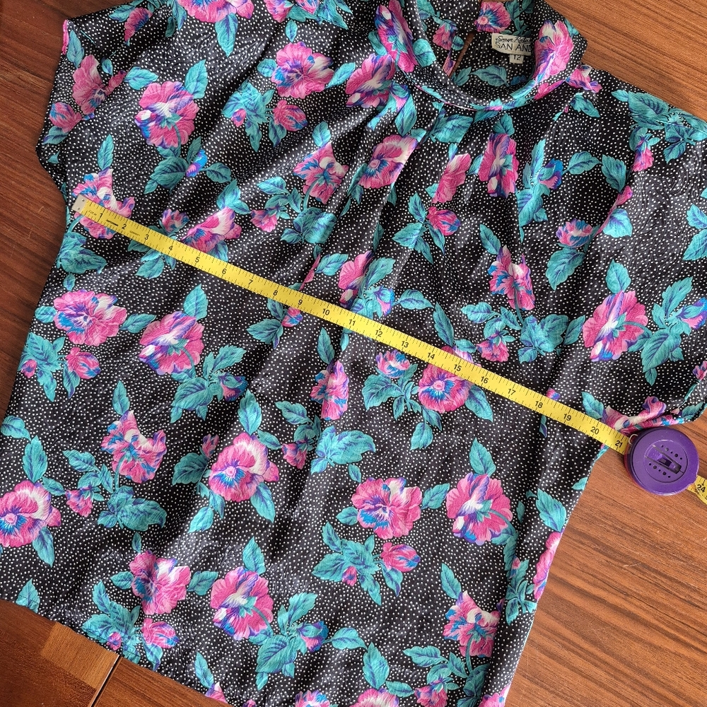 Vintage 80s Pink Floral And Dots Black Blouse Women's Top 12 - Picture 8 of 9